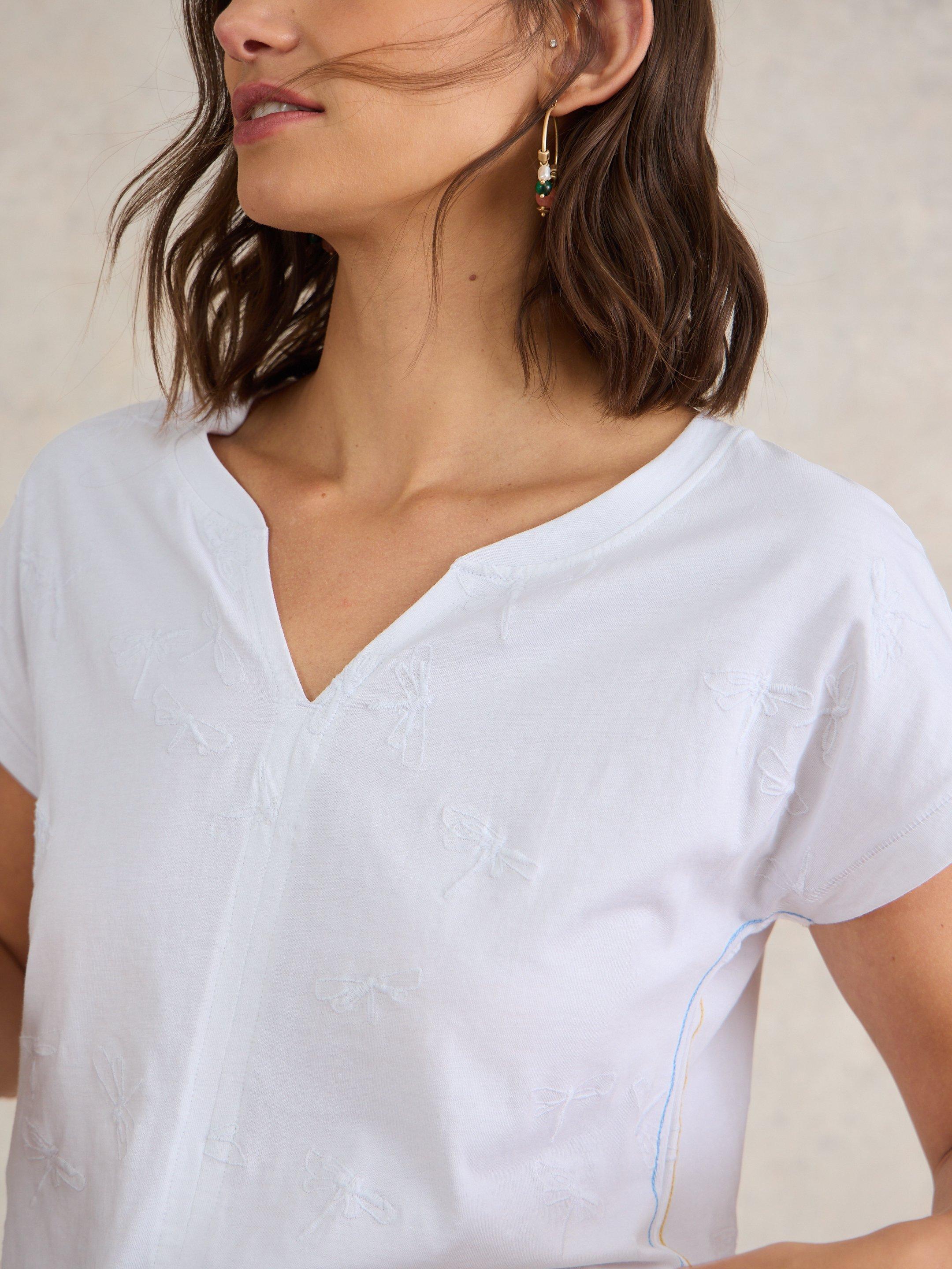 NELLY NOTCH NECK EMBROIDERED TEE in BRIL WHITE - MODEL DETAIL