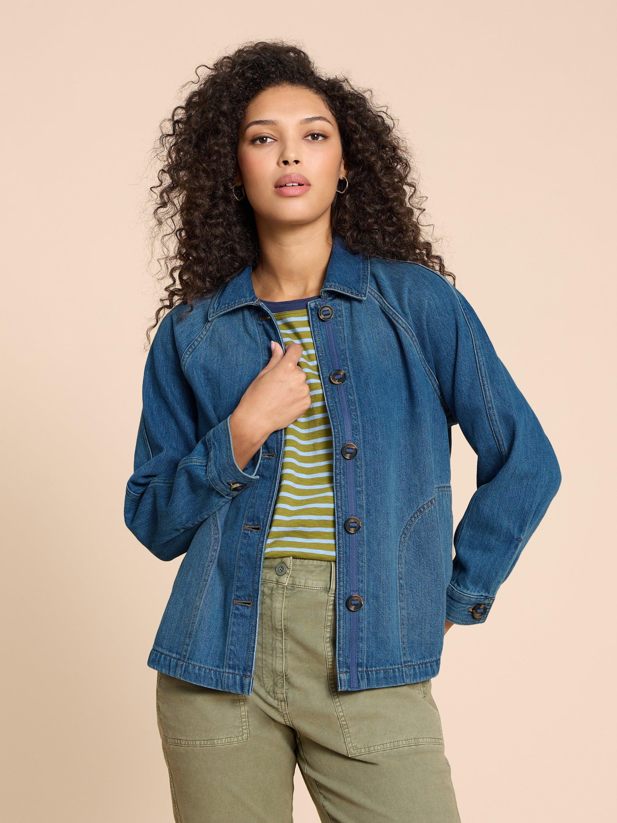 Women's mid length denim on sale jacket