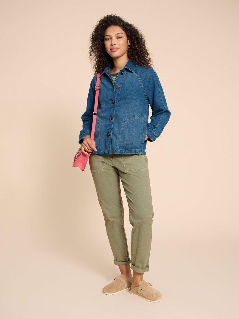 Eden Denim Relaxed Jacket in MID DENIM - MODEL FRONT