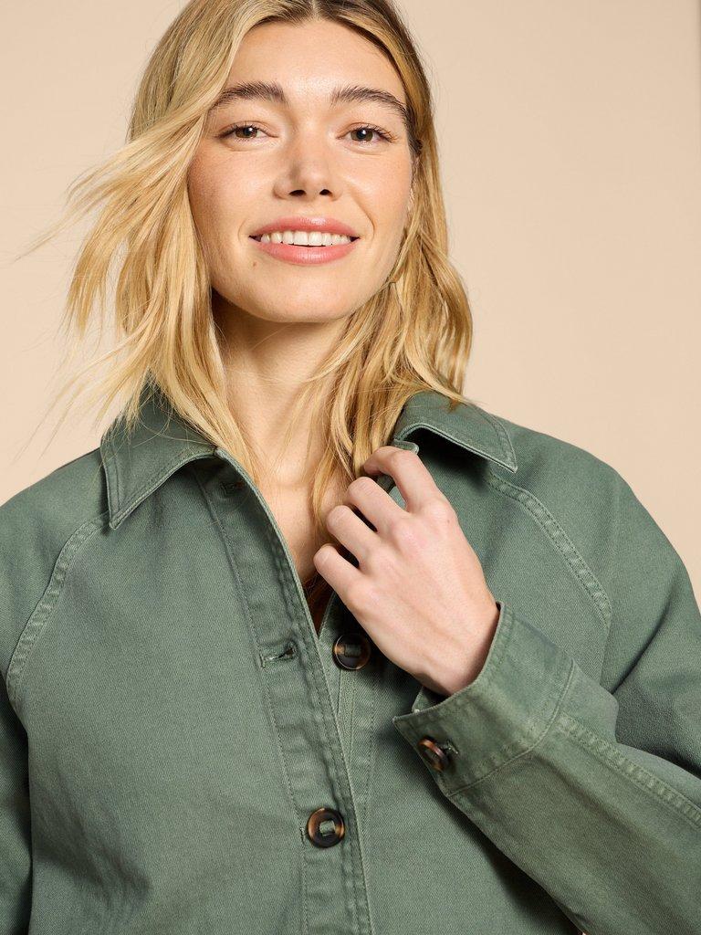 Eden Denim Relaxed Jacket in MID GREEN - MODEL DETAIL