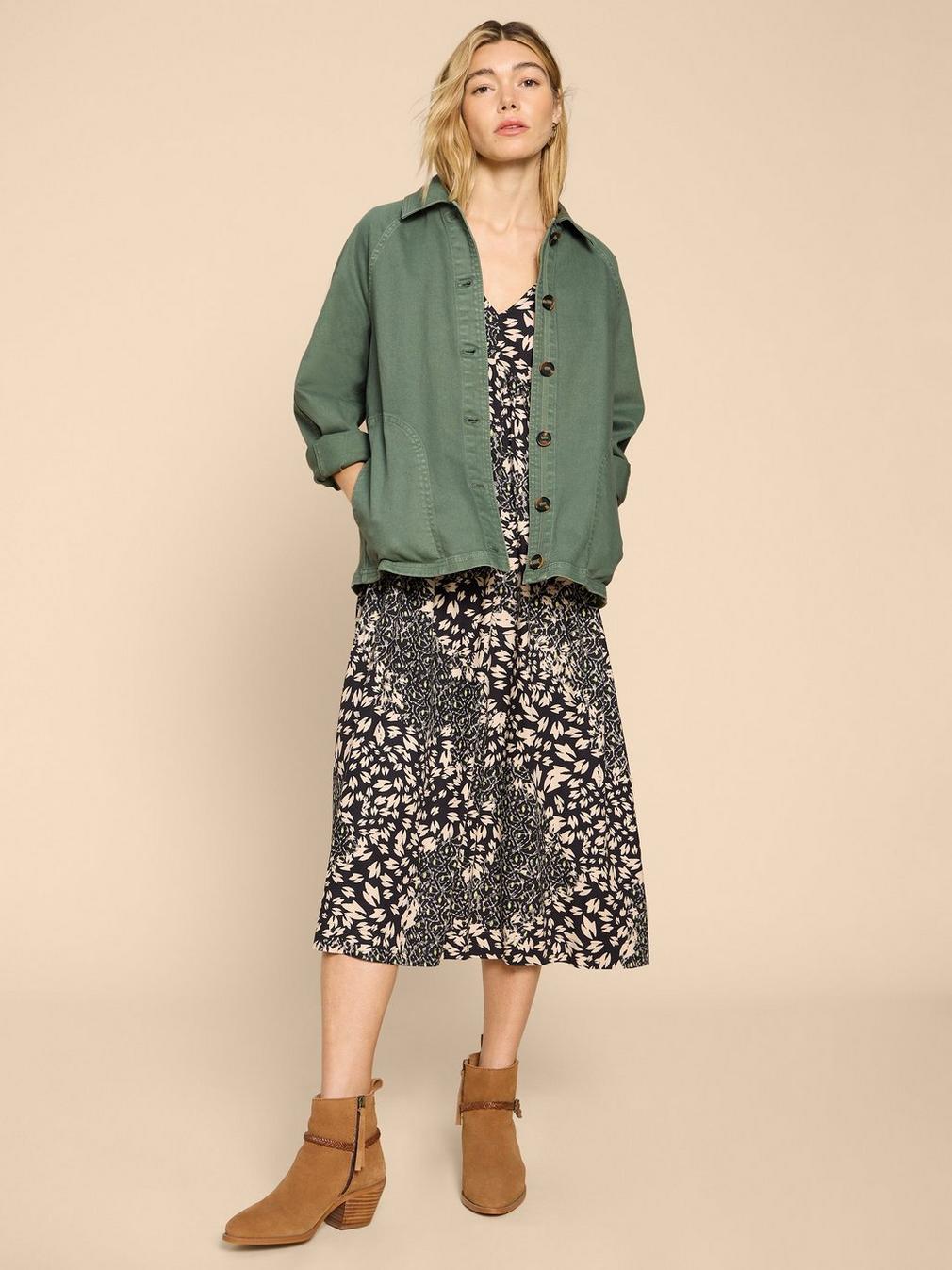 Eden Denim Relaxed Jacket in MID GREEN - MODEL FRONT