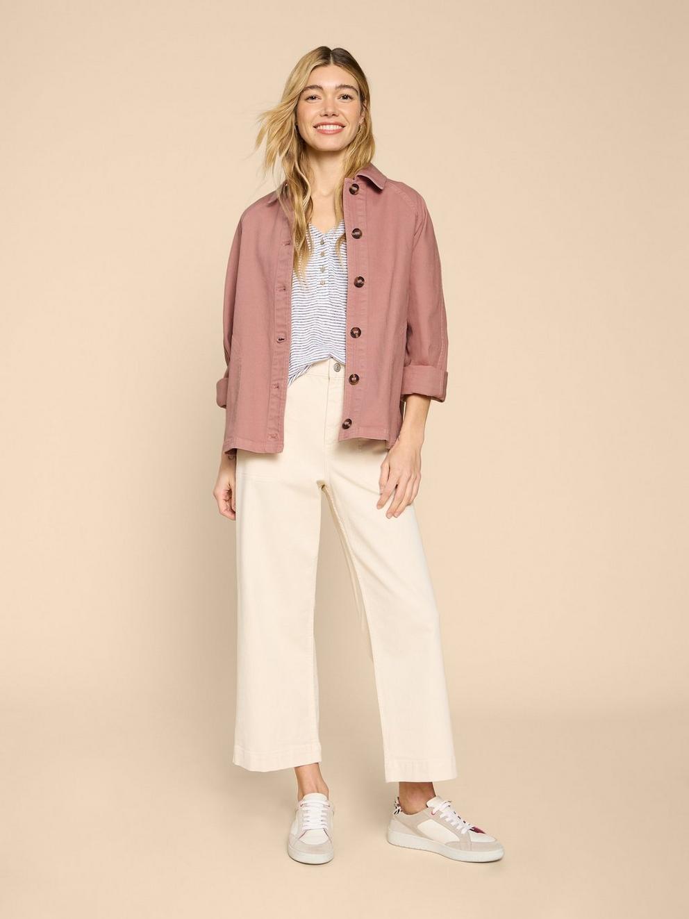 Eden Denim Relaxed Jacket in MID PINK - MODEL FRONT