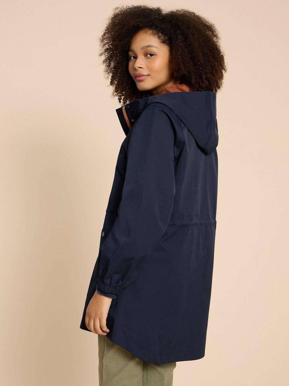 Zoe Waterproof Coat in DARK NAVY - MODEL BACK