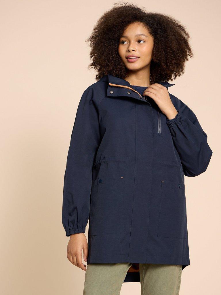 Zoe Waterproof Coat in DARK NAVY - MODEL FRONT