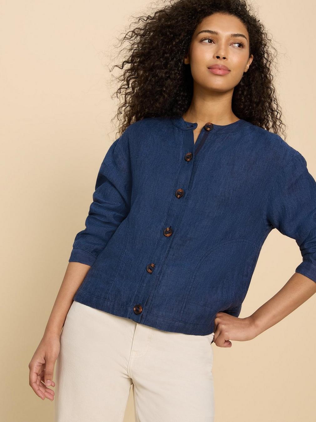 Adele Linen Jacket in DARK NAVY - MODEL DETAIL