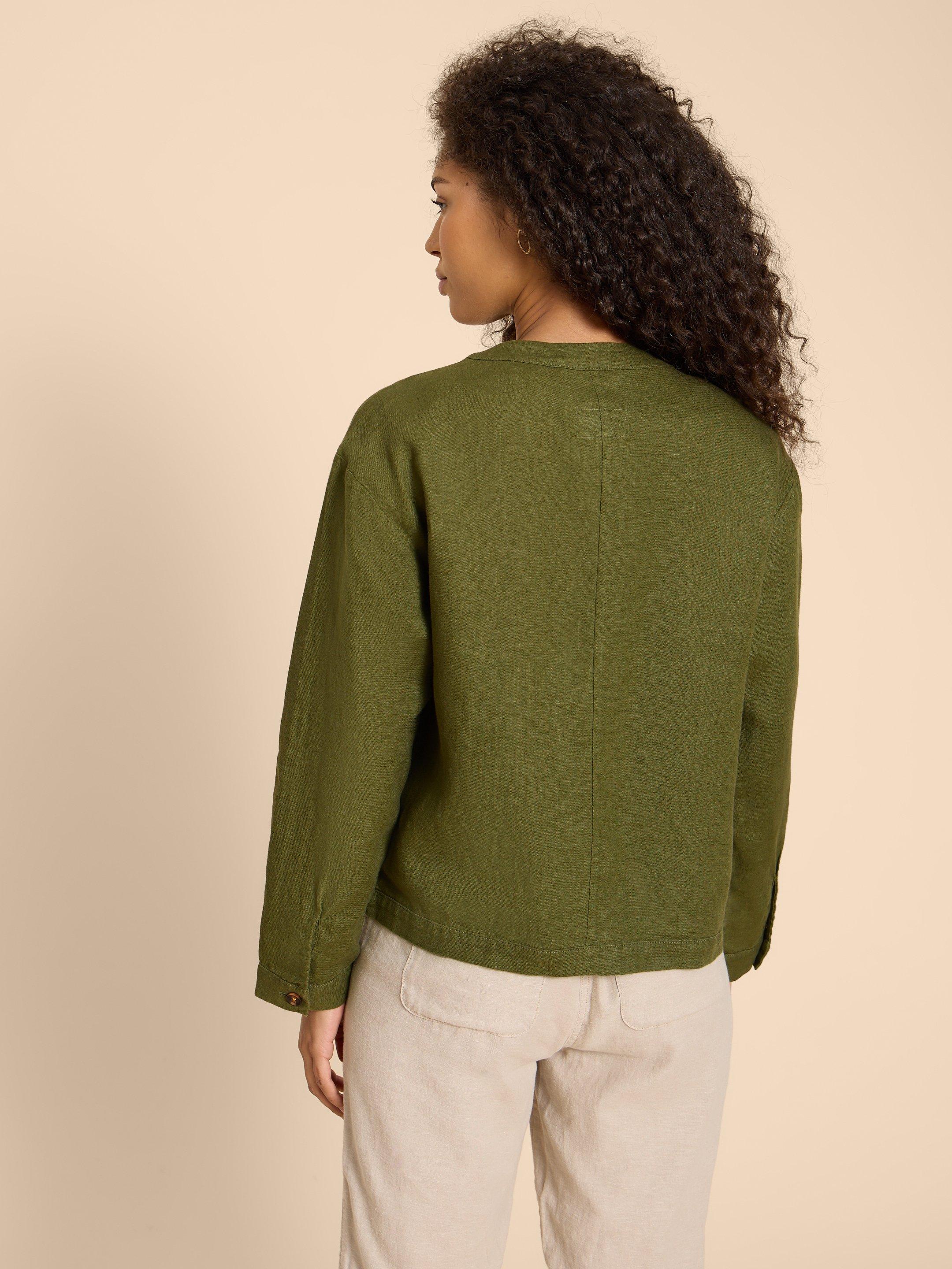 Adele Linen Jacket in DK GREEN - MODEL BACK