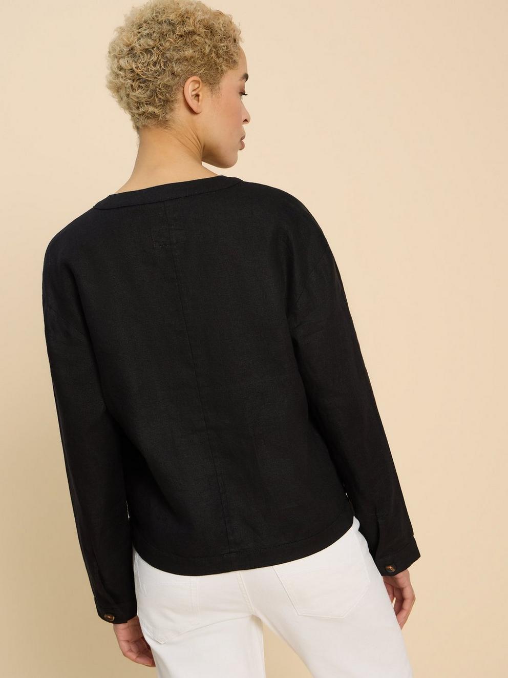 Adele Linen Jacket in PURE BLK - MODEL BACK