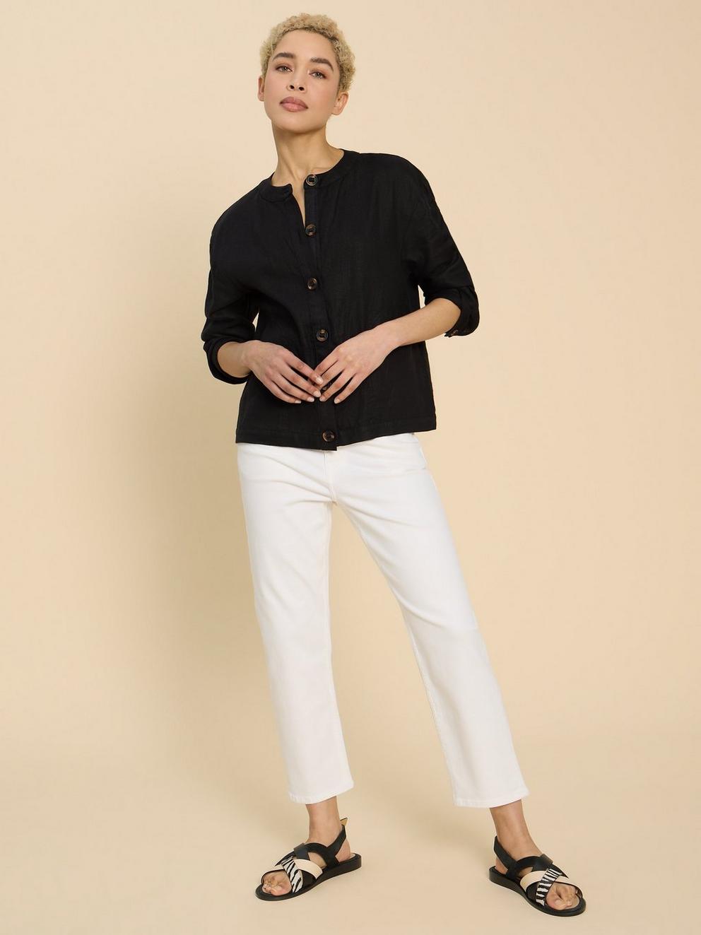 Adele Linen Jacket in PURE BLK - MODEL FRONT