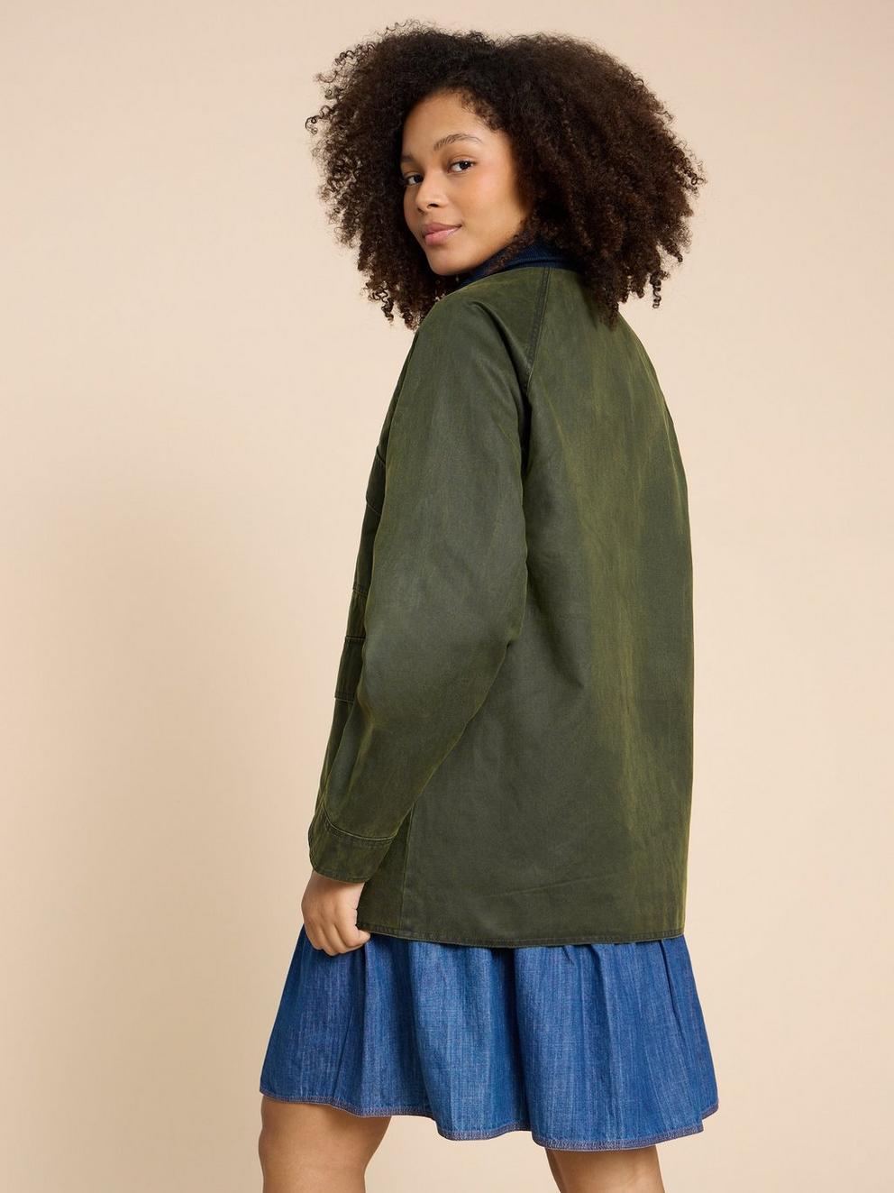 Juniper Cotton Jacket in KHAKI GRN - MODEL BACK