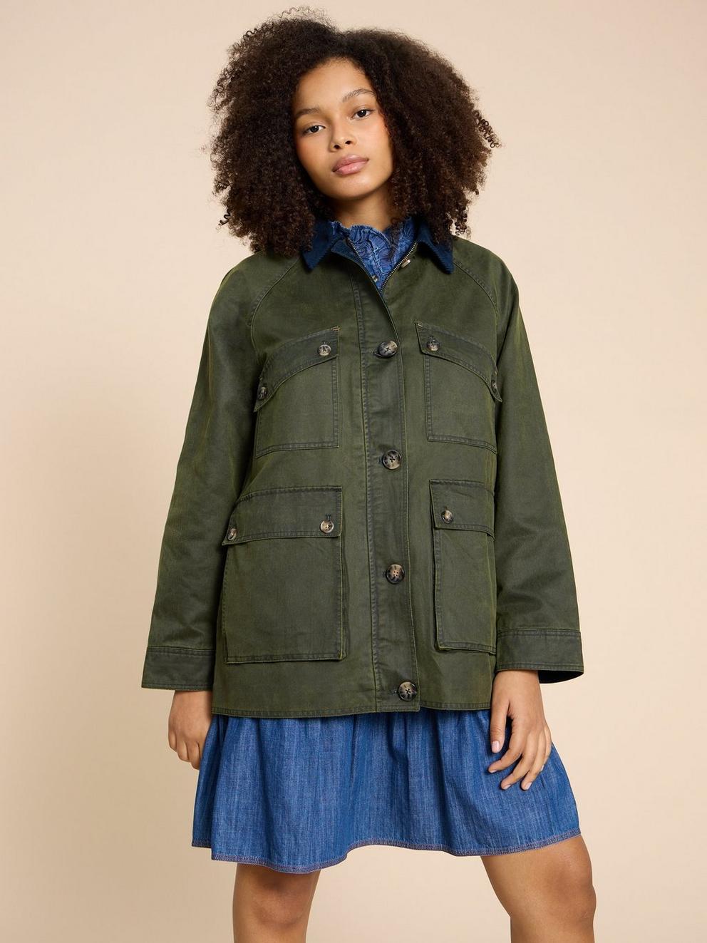 Juniper Cotton Jacket in KHAKI GRN - MODEL FRONT