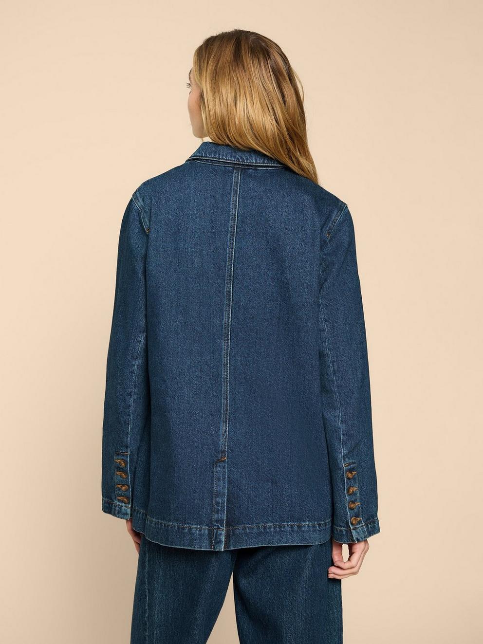 Loren Denim Blazer in DK DENIM - MODEL BACK