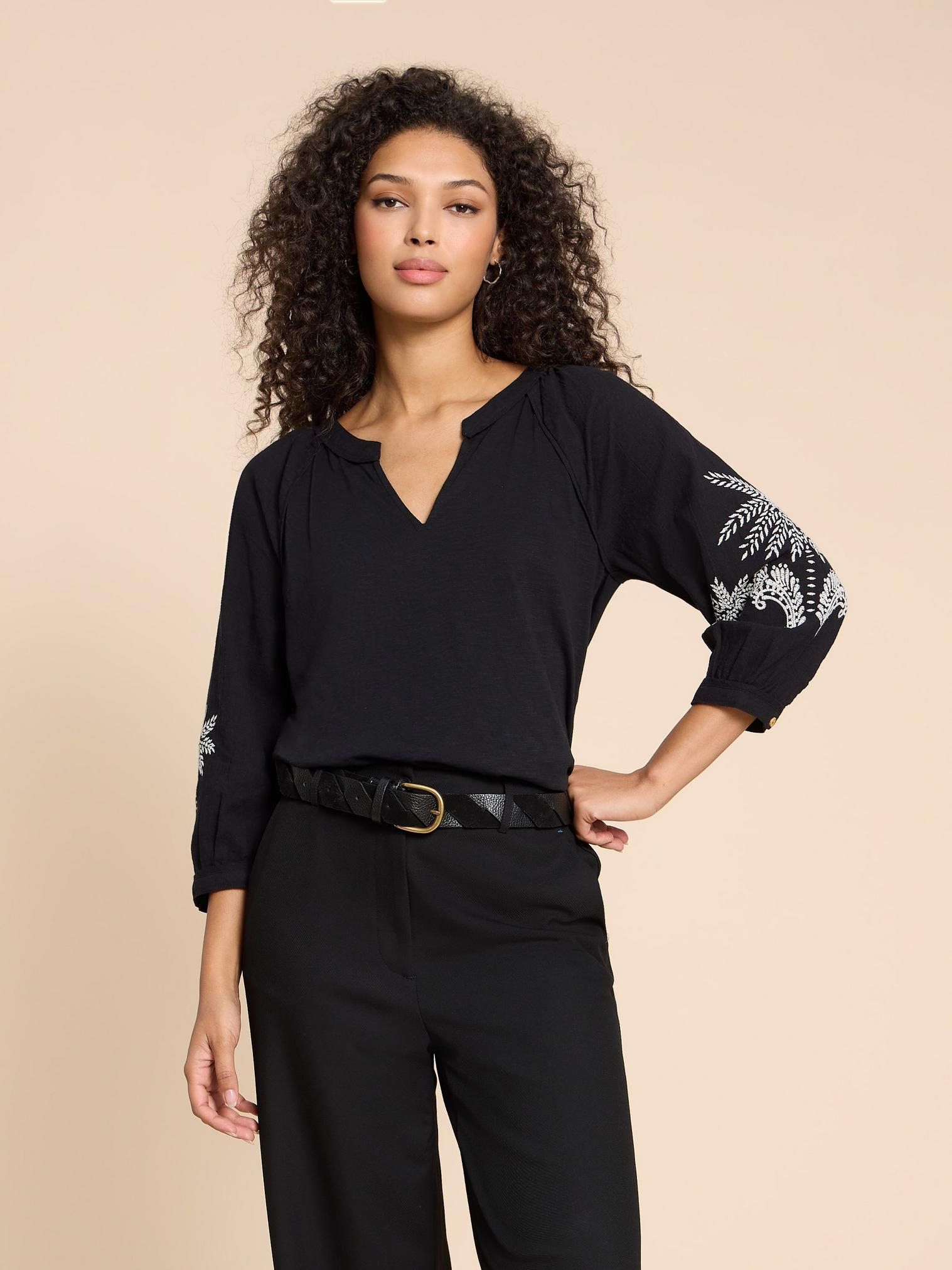 MILLIE MIX EMBROIDERED TOP in BLK MLT - LIFESTYLE