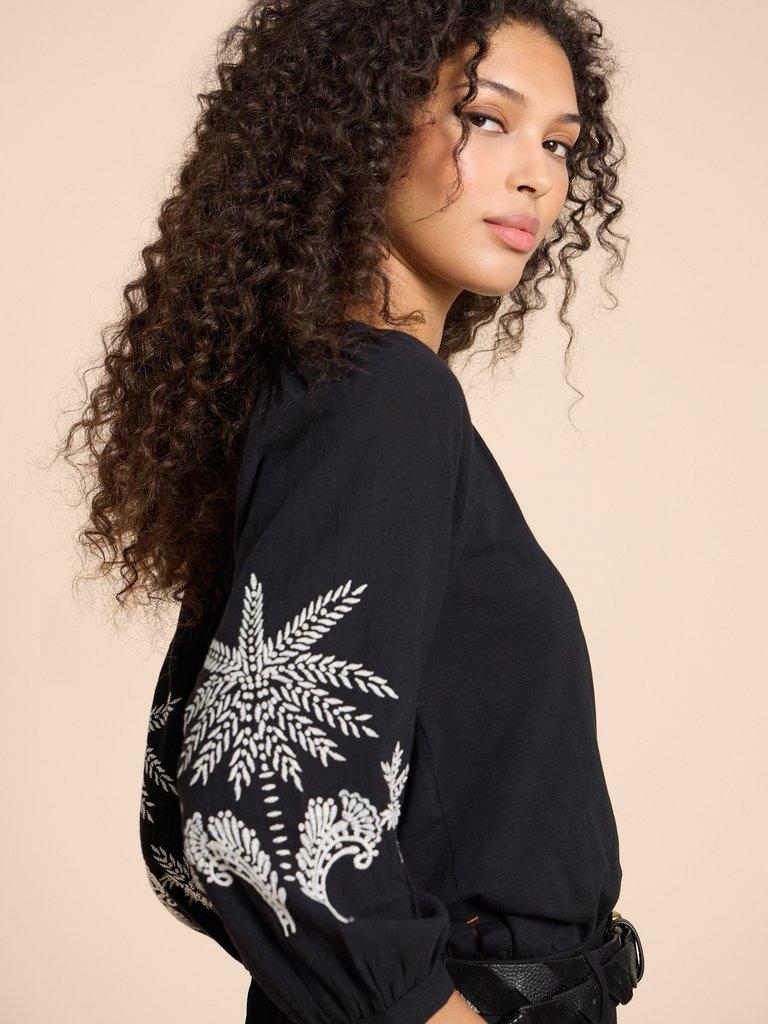 MILLIE MIX EMBROIDERED TOP in BLK MLT - MODEL DETAIL