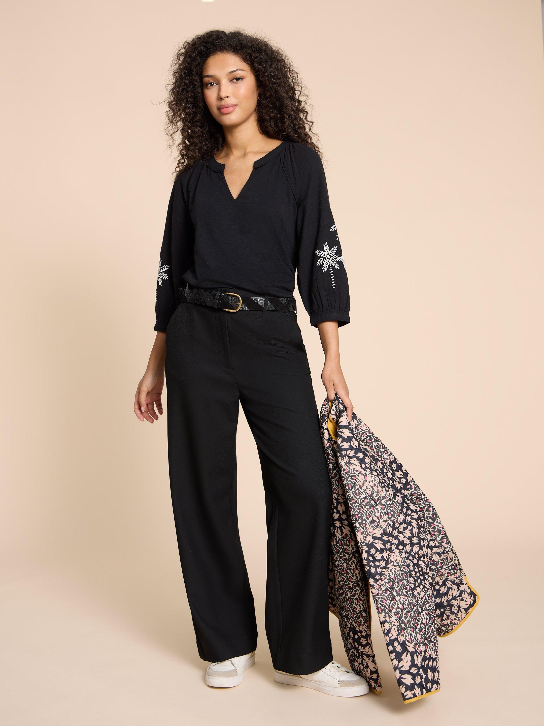 MILLIE MIX EMBROIDERED TOP in BLK MLT - MODEL FRONT