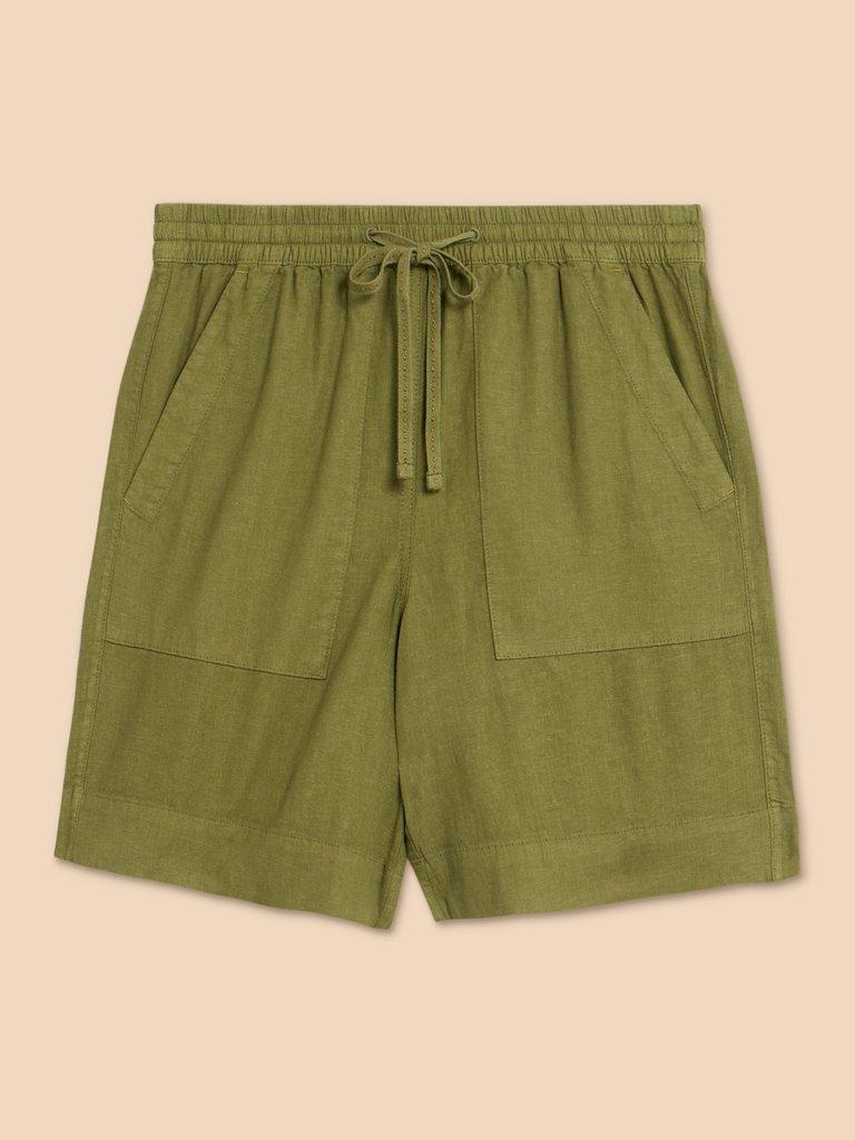 Elle Linen Blend Short in DK GREEN - FLAT FRONT