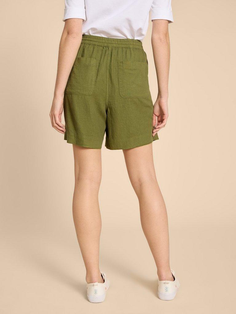 Elle Linen Blend Short in DK GREEN - MODEL BACK