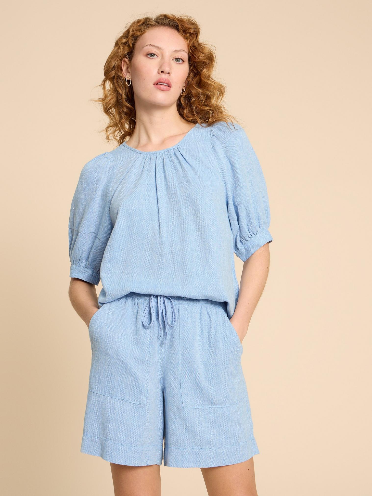 Shelly Linen Blend Top in CHAMB BLUE - LIFESTYLE