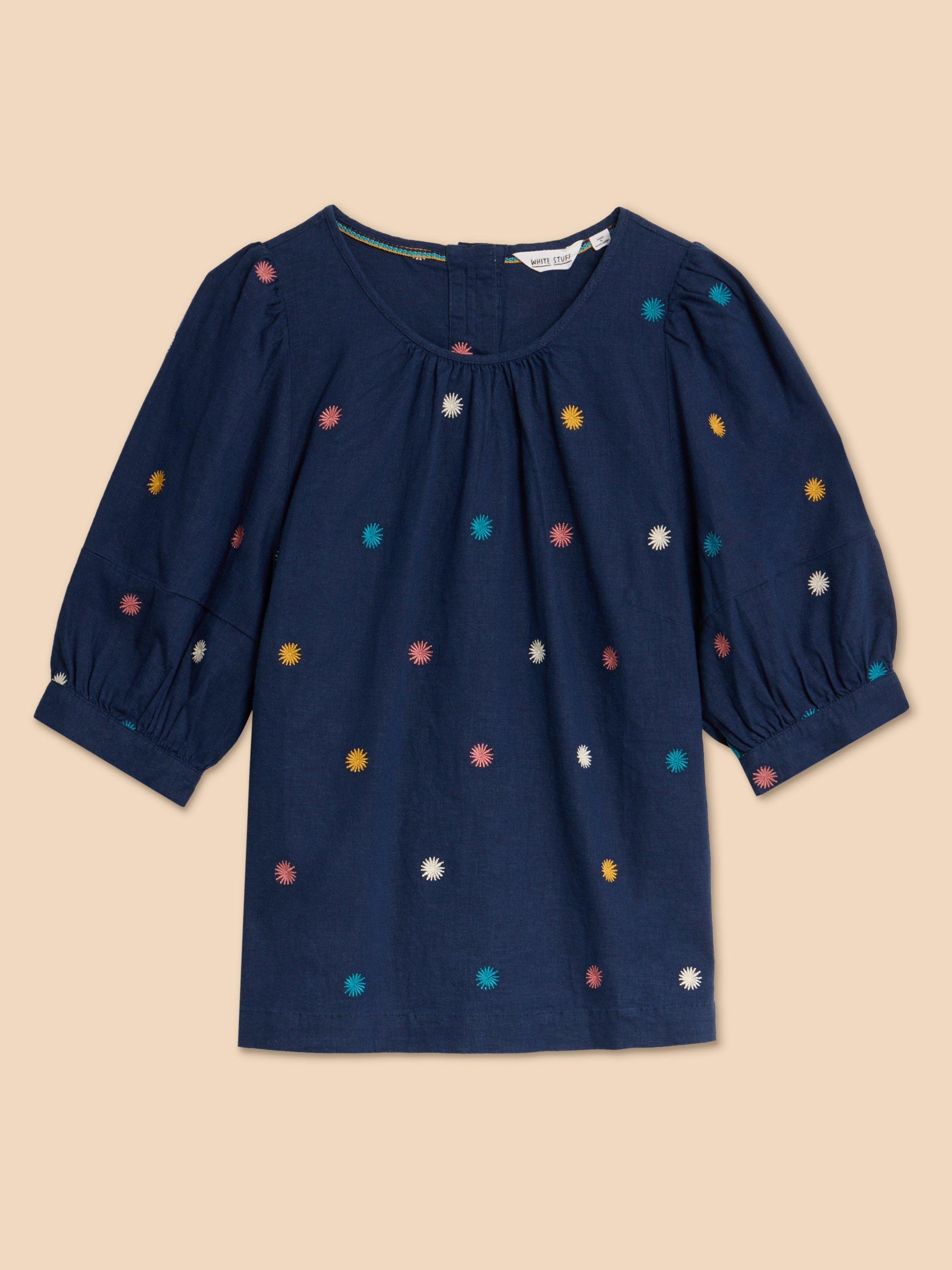 Shelly Linen Blend Top in NAVY MULTI - FLAT FRONT