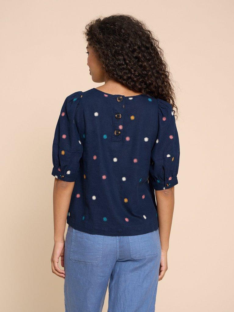 Shelly Linen Blend Top in NAVY MULTI - MODEL BACK