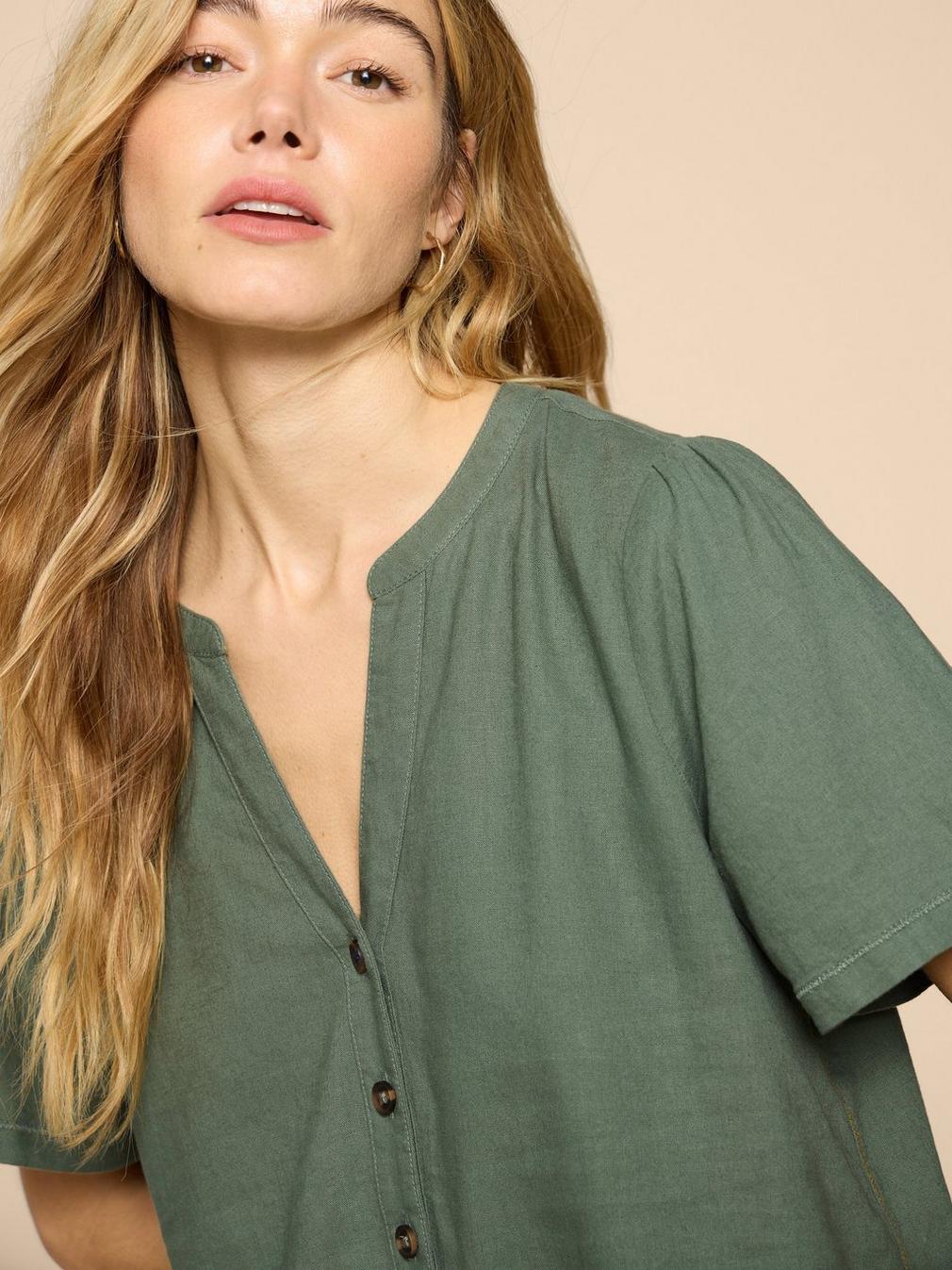 Ferne Linen Blend Shirt in KHAKI GRN - MODEL DETAIL