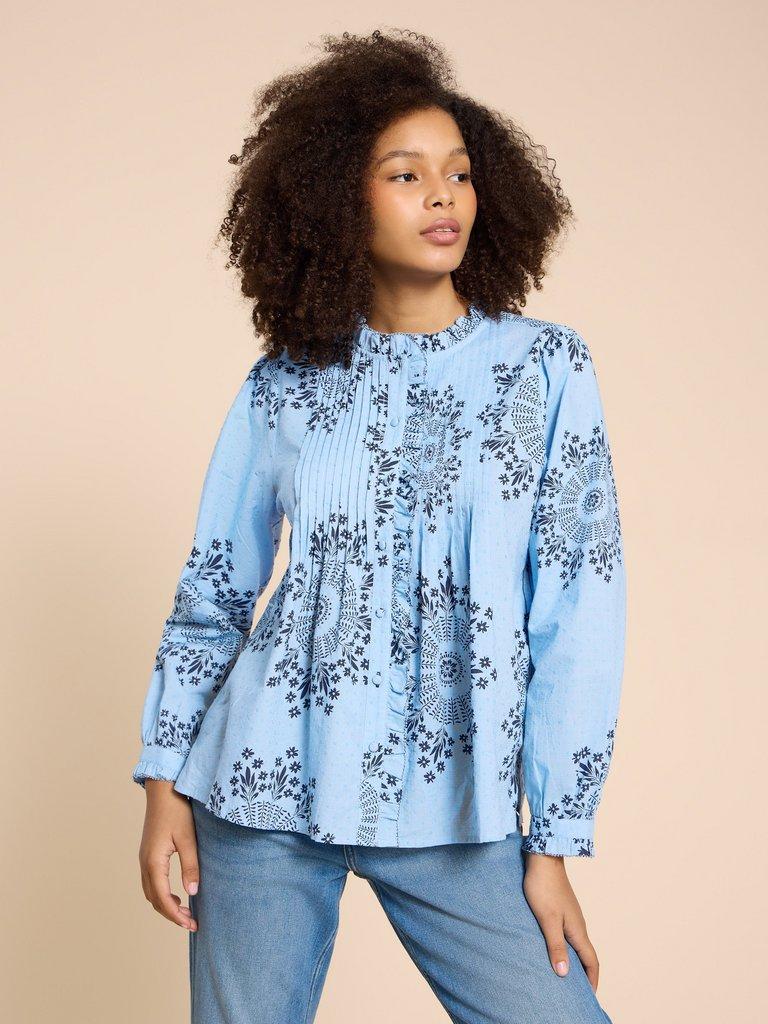 Fia Frill Neck Top in BLUE PR - MODEL FRONT