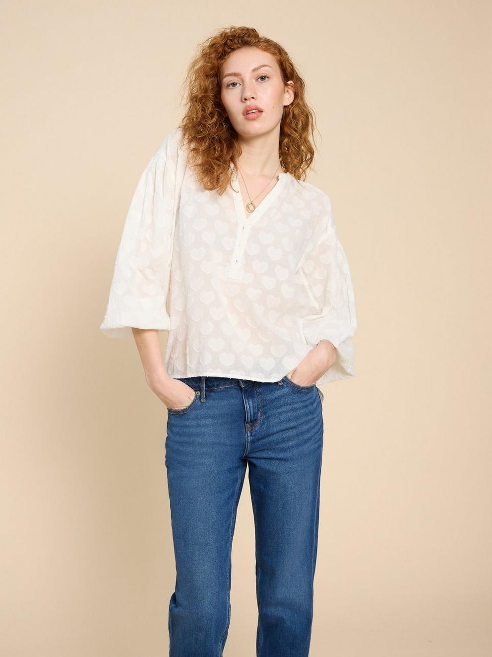 Josie Heart Jacquard Top in PALE IVORY - MODEL DETAIL