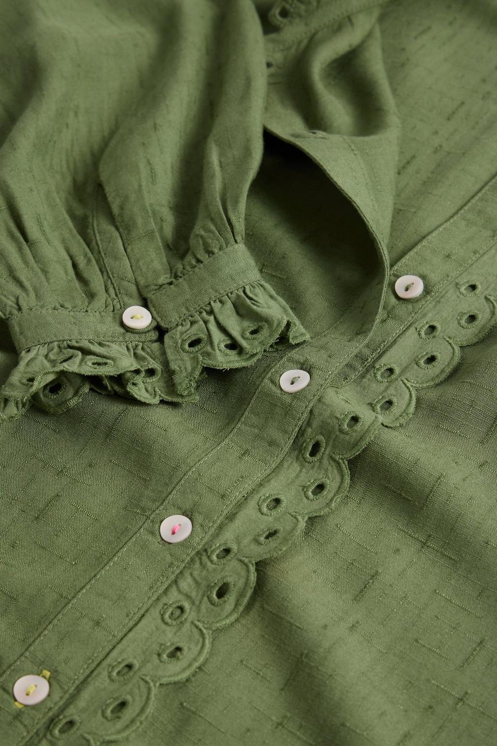 Lara Broderie Shirt in MID GREEN - FLAT DETAIL