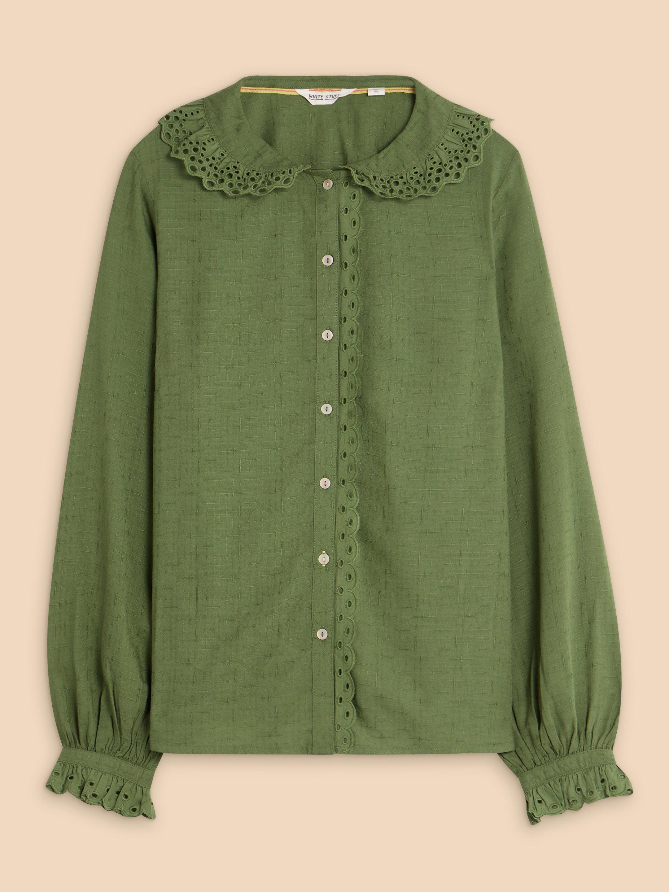 Lara Broderie Shirt in MID GREEN - FLAT FRONT