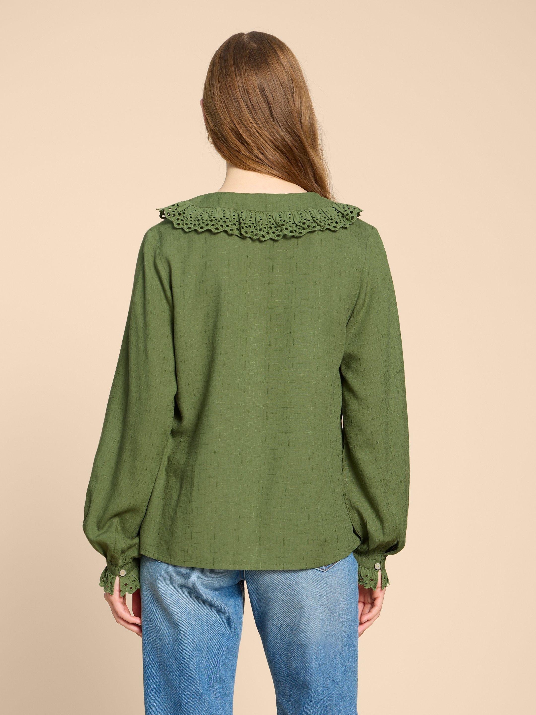 Lara Broderie Shirt in MID GREEN - MODEL BACK