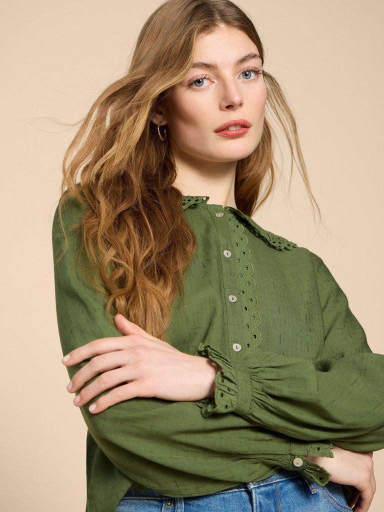 Lara Broderie Shirt in MID GREEN - MODEL DETAIL
