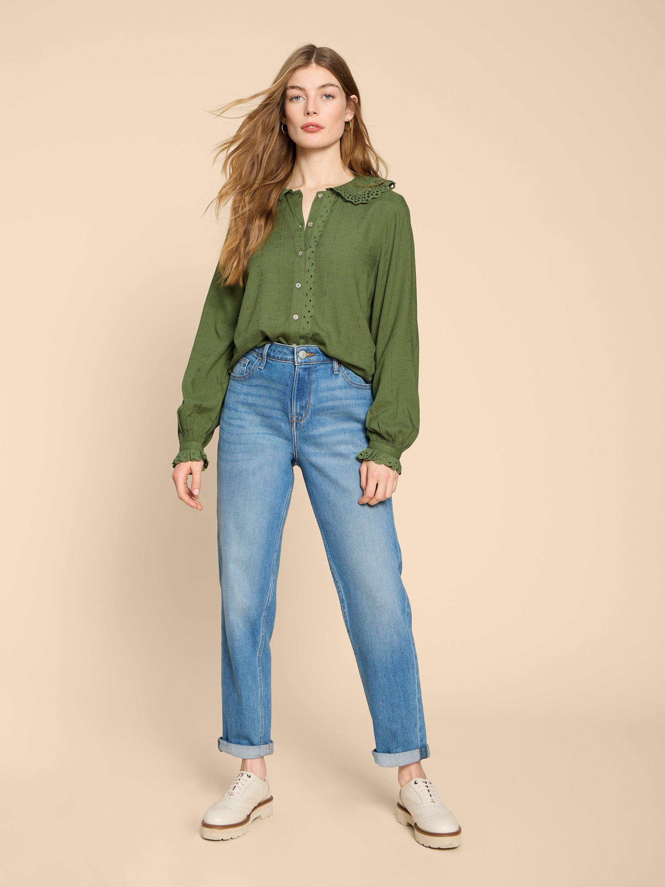 Lara Broderie Shirt in MID GREEN - MODEL FRONT