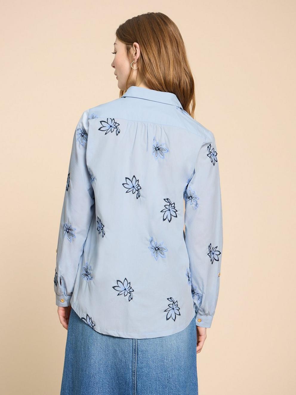 Sophie Embroidered Long Sleeve Shirt in BLUE MLT - MODEL BACK