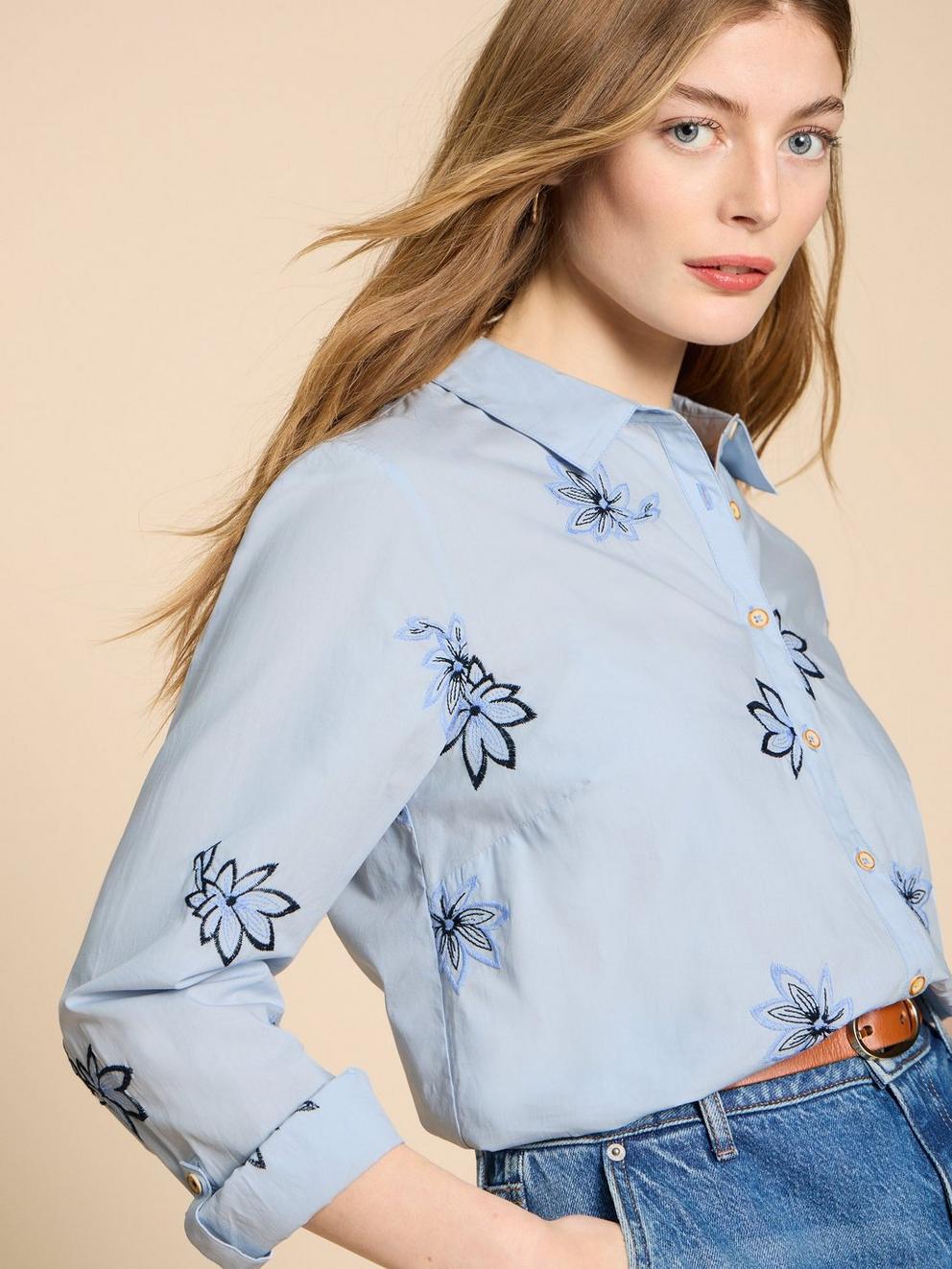 Sophie Embroidered Long Sleeve Shirt in BLUE MLT - MODEL DETAIL