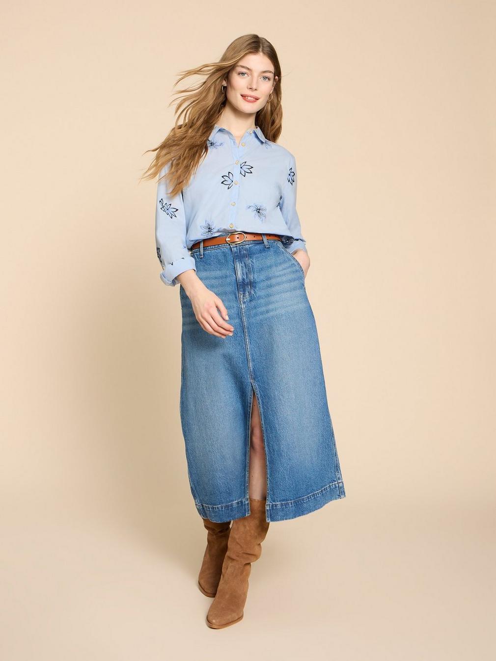 Sophie Embroidered Shirt in BLUE MLT - MODEL FRONT