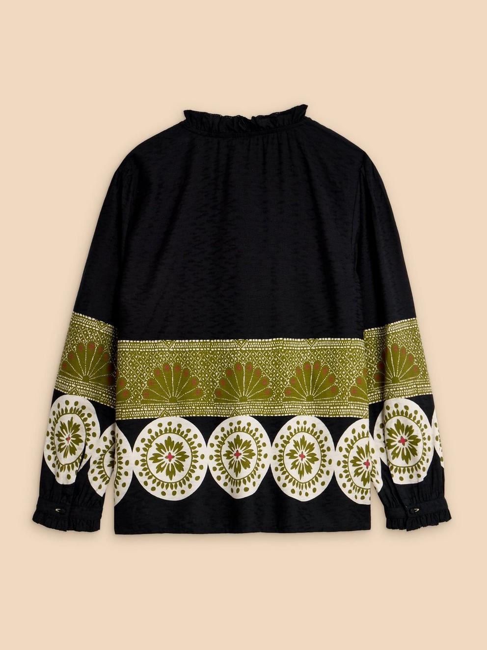 Fia Frill Neck Printed Top in BLK PR - FLAT BACK