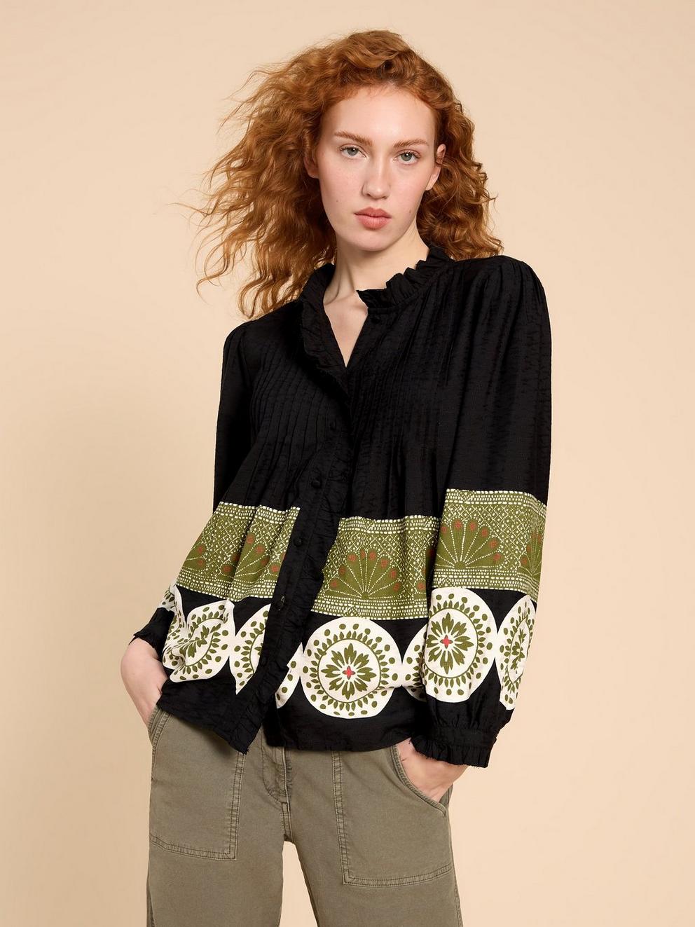 Fia Frill Neck Printed Top in BLK PR - LIFESTYLE