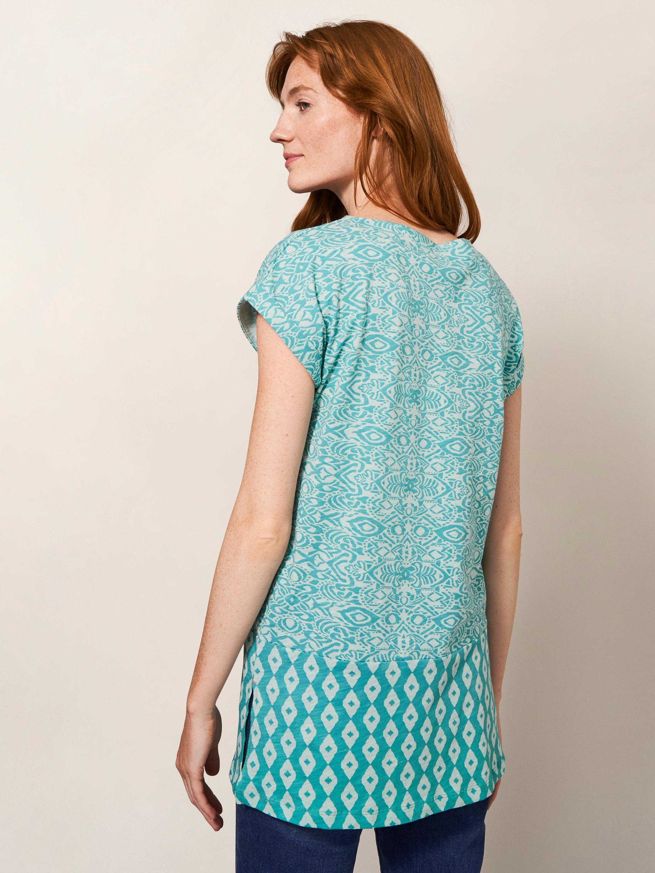 CARRIE CREW NECK TUNIC in TEAL PR - MODEL BACK