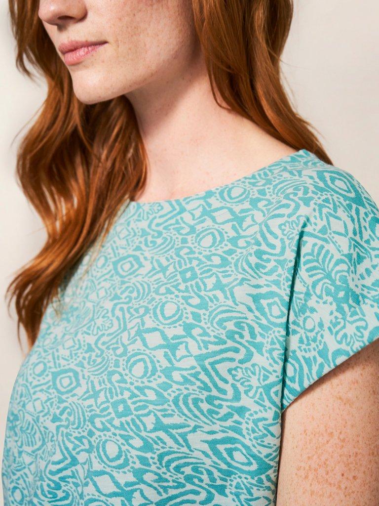 CARRIE CREW NECK TUNIC in TEAL PR - MODEL DETAIL