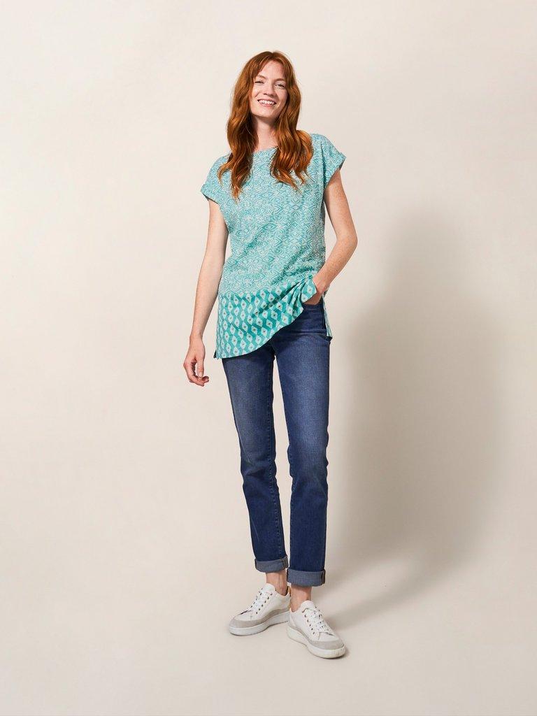 CARRIE CREW NECK TUNIC in TEAL PR - MODEL FRONT