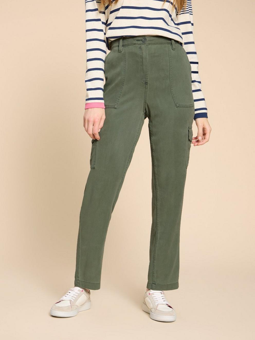 Arlo Tencel Cargo Trouser in MID GREEN - MODEL FRONT