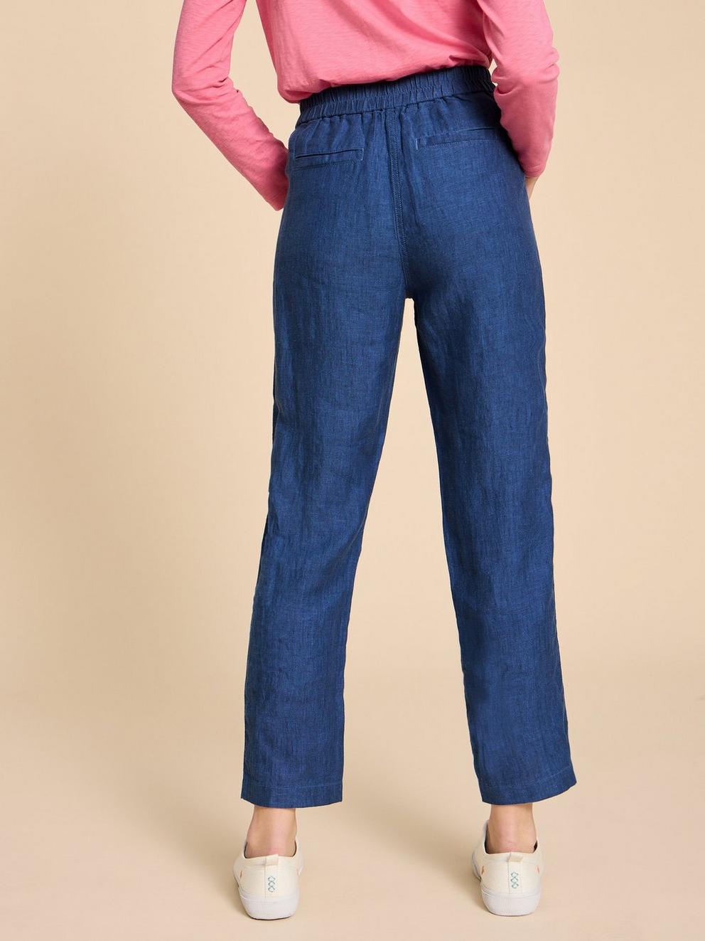 Linen Rowena Trousers in DARK NAVY - MODEL BACK