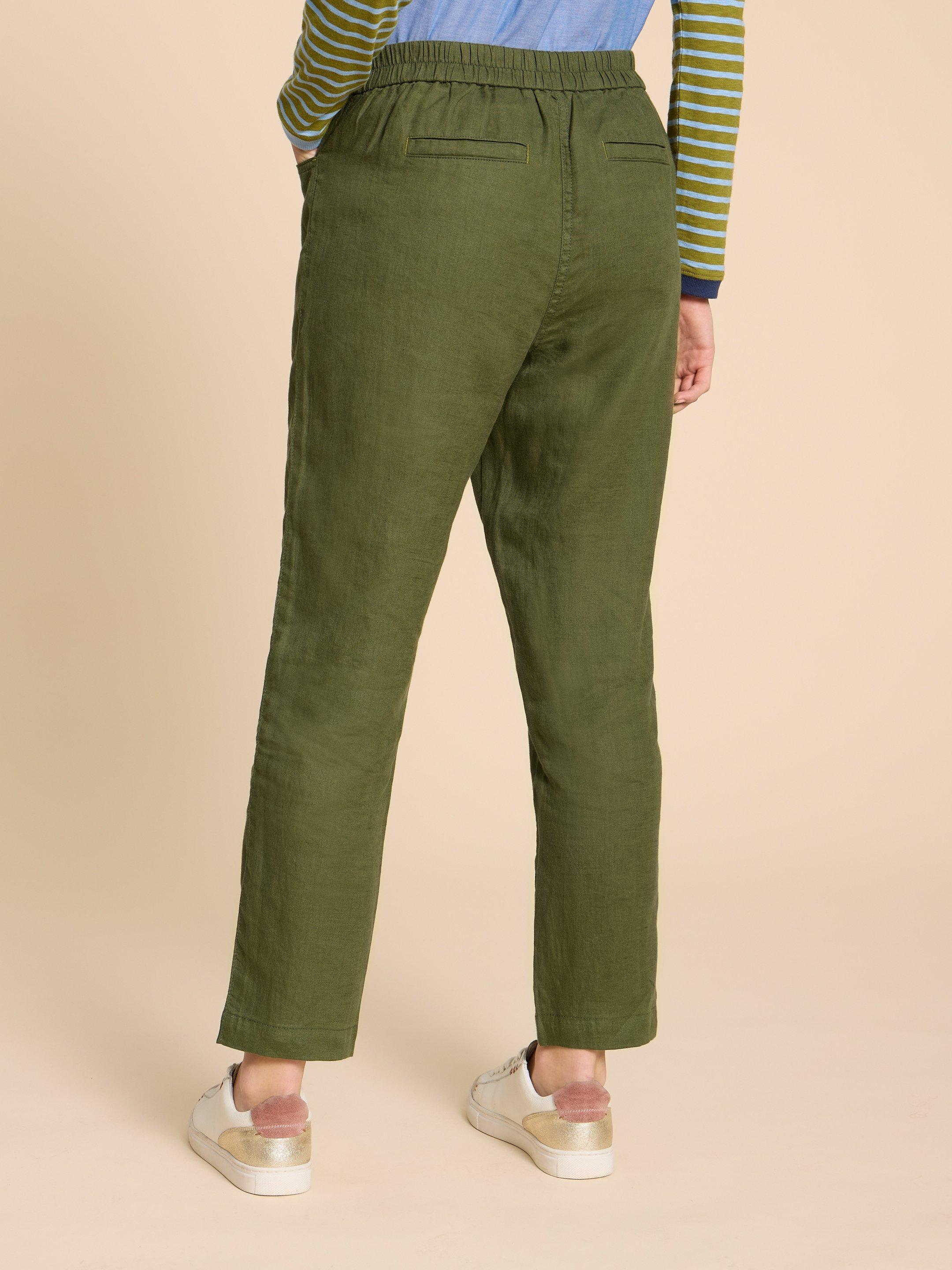 Linen Rowena Trousers in DK GREEN - MODEL BACK