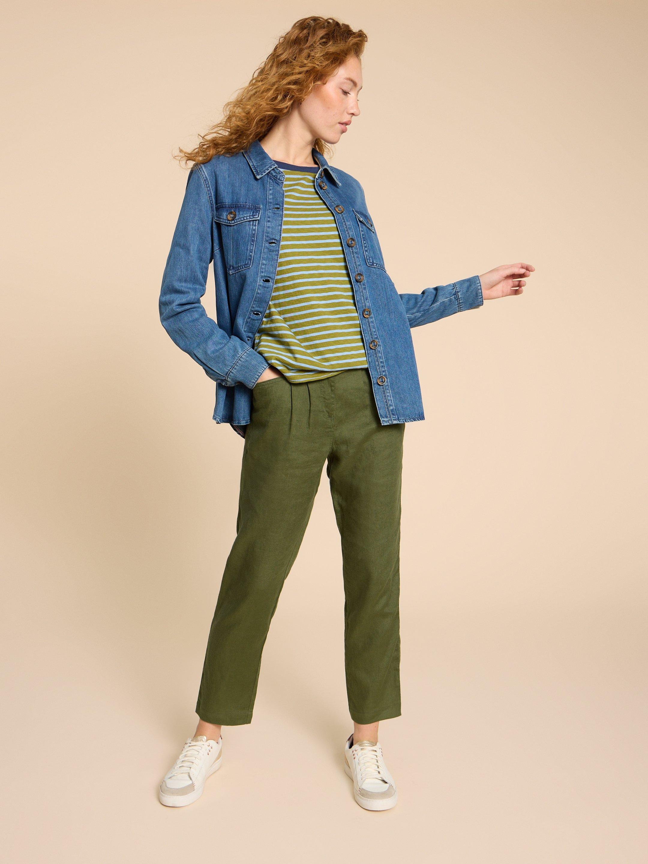 Linen Rowena Trousers in DK GREEN - MODEL FRONT