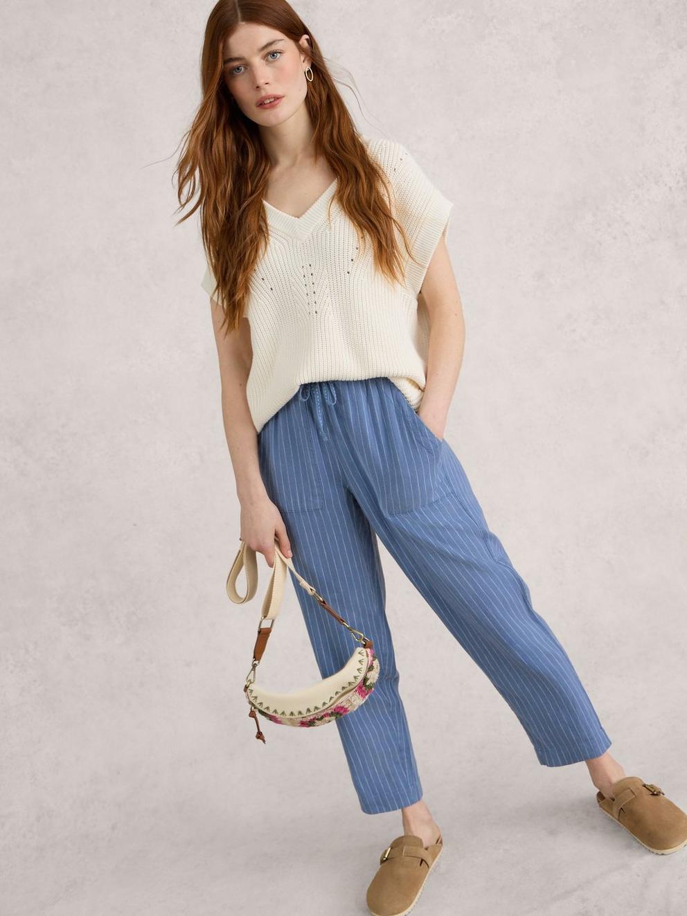 Elle Linen Blend Trouser in BLUE MLT - LIFESTYLE