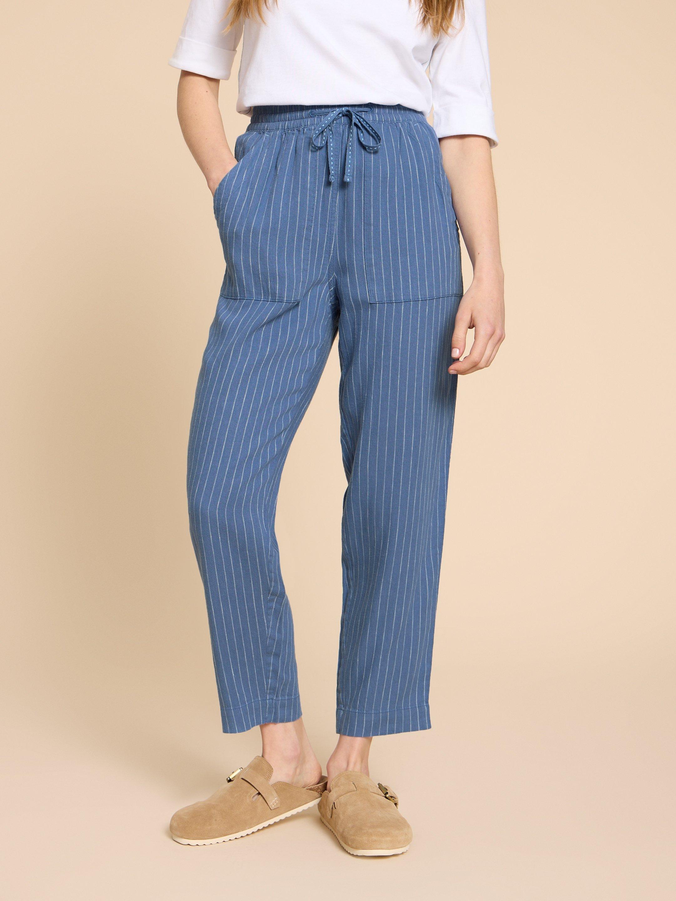 Elle Linen Blend Trouser in BLUE MLT - MODEL FRONT