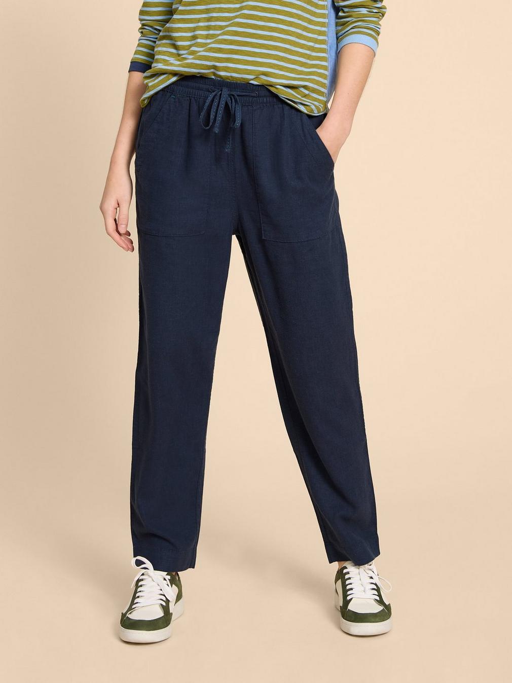 Elle Linen Blend Trouser in DARK NAVY - MODEL DETAIL