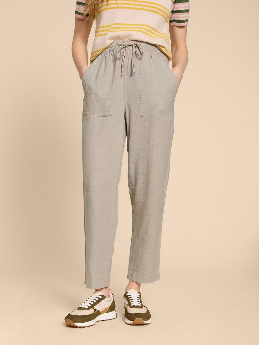 Elle Linen Blend Trouser in LGT NAT - MODEL FRONT