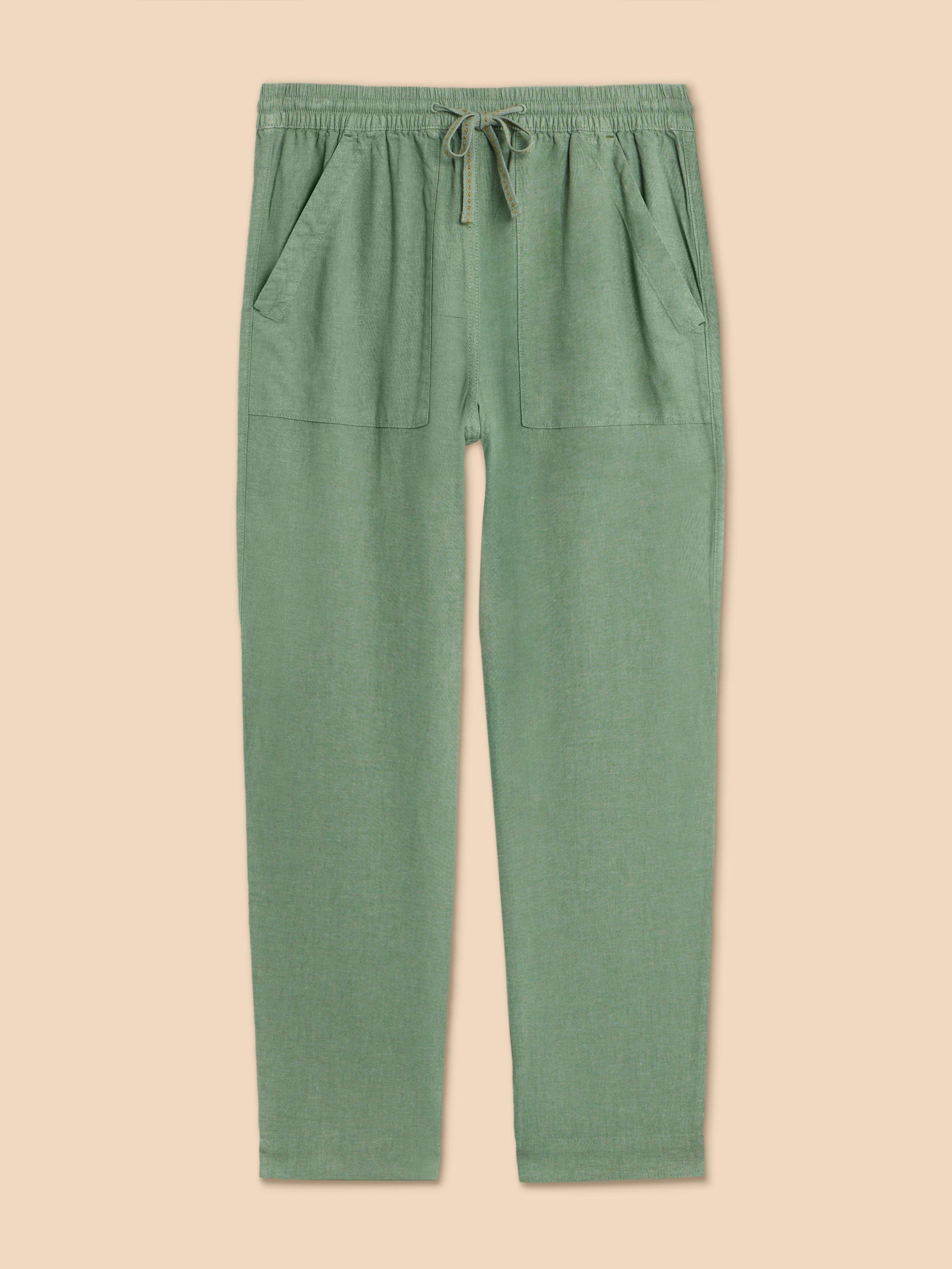 Elle Linen Blend Trouser in MID GREEN - FLAT FRONT