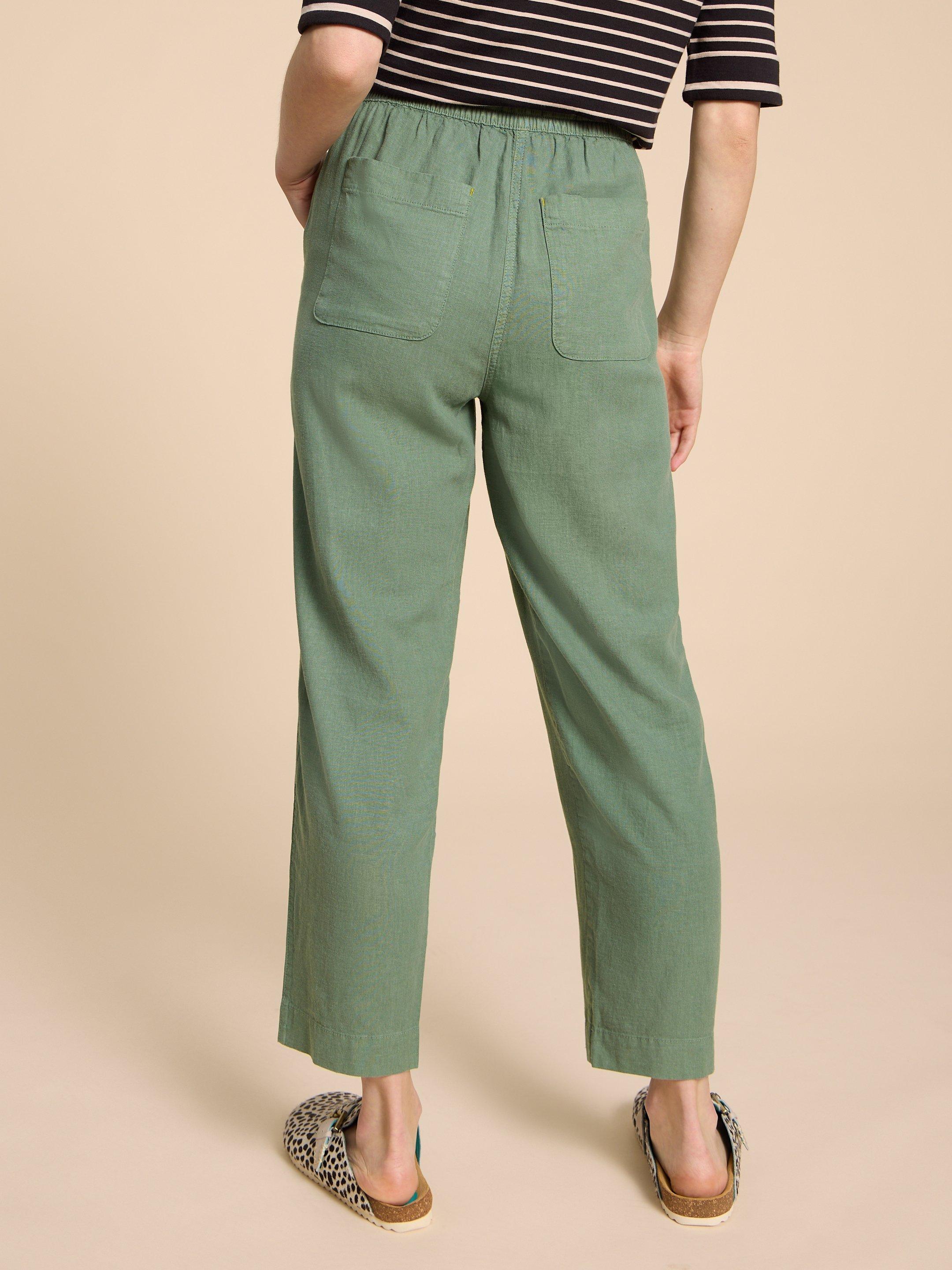 Elle Linen Blend Trouser in MID GREEN - MODEL BACK