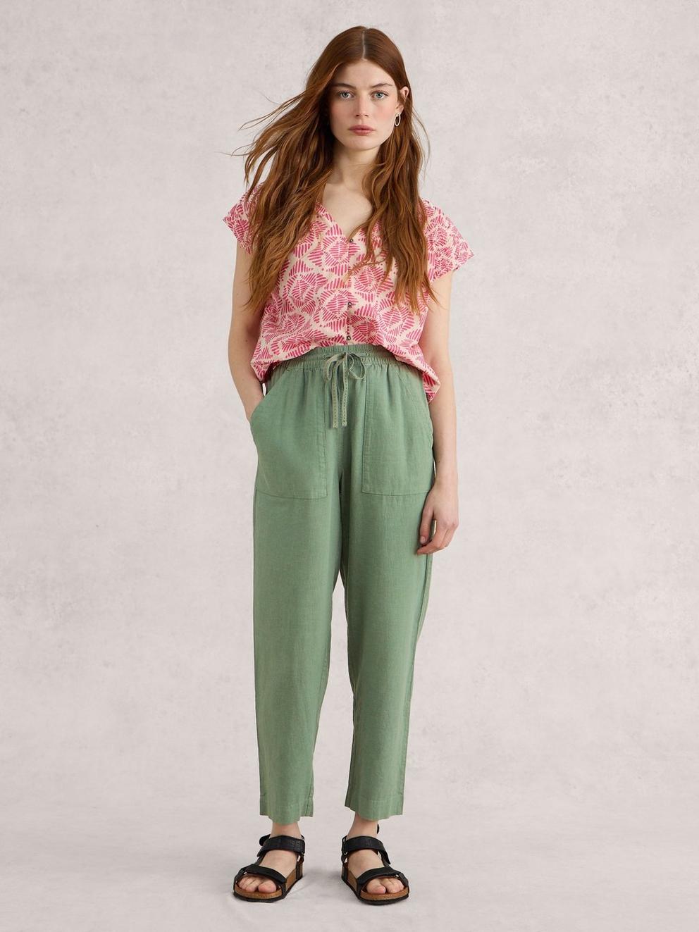 Elle Linen Blend Trouser in MID GREEN - MODEL FRONT